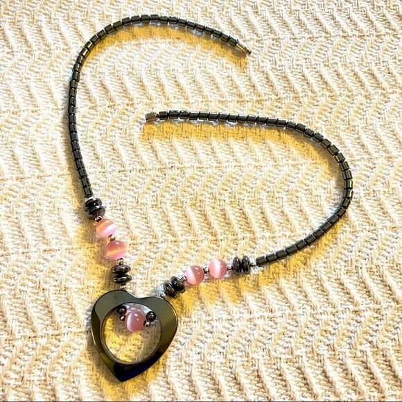 NEW 18” HEMATITE OPEN HEART W/ROSE QUARTZ STONE NECKLACE - Picture 11 of 14